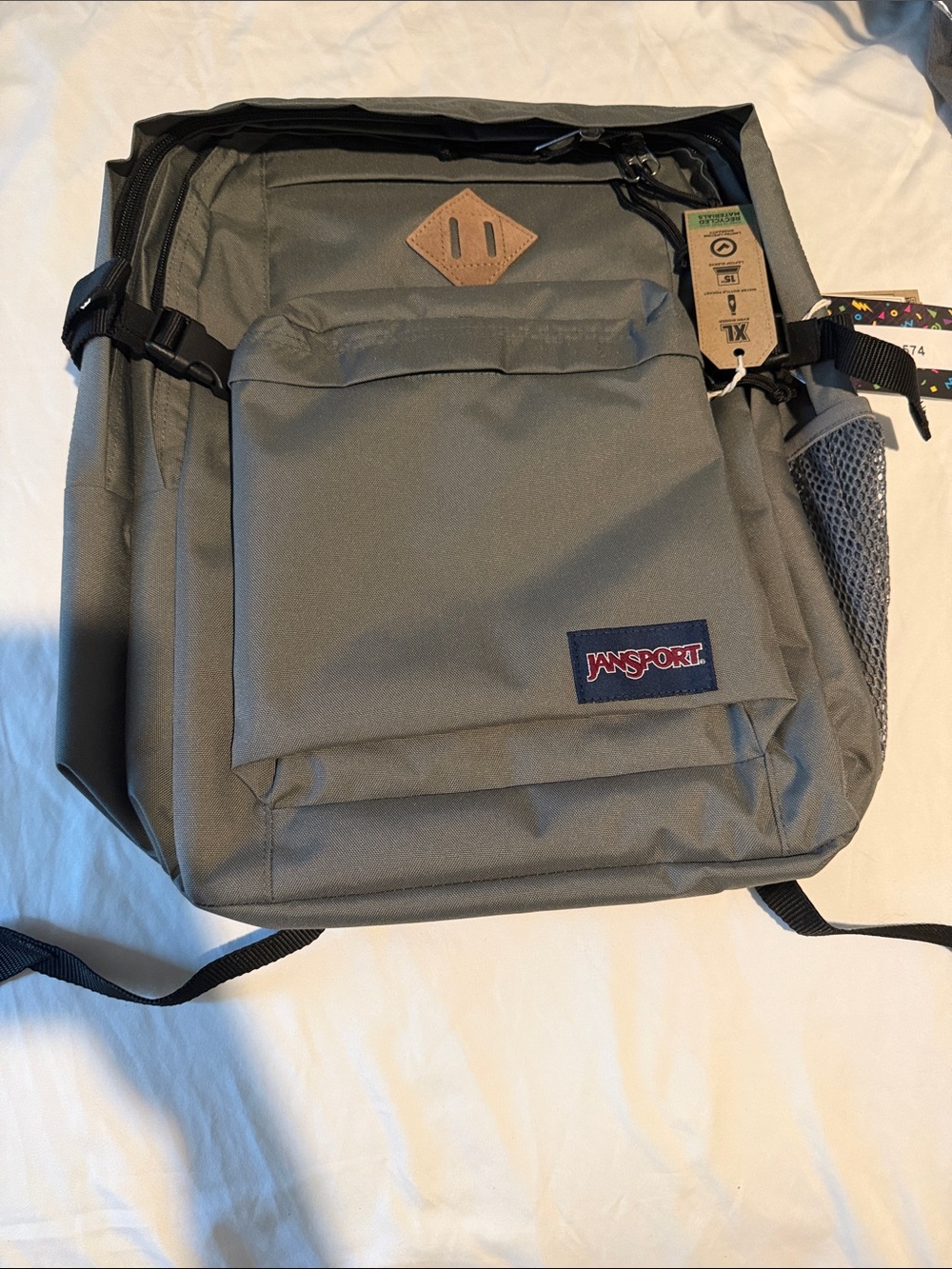 Jansport Men's Olive Gray Backpack with Brown Patch